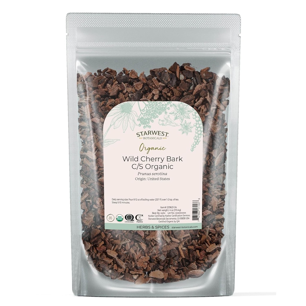Starwest Botanicals Wild Cherry Bark Organic - Tørket Loose Leaf Urt for Te, Syrup, & Natural Herbal Blends, Prunus Serotina, Cut & Sifted, sertifisert Kosher, Ikke-GMO - 4 oz Pouch