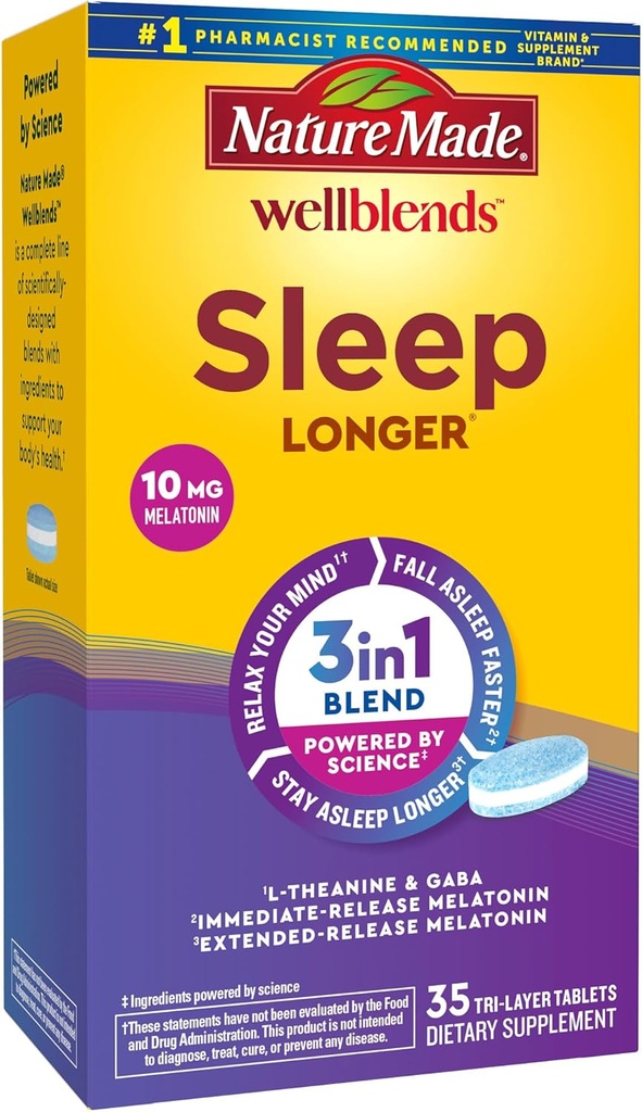 Nature Made Wellblends Sleep Longer, Melatonin 10mg, L theanine 100 mg eta GABA 100mg, Sleep Supplement, 35 Tri-Layer Tablets