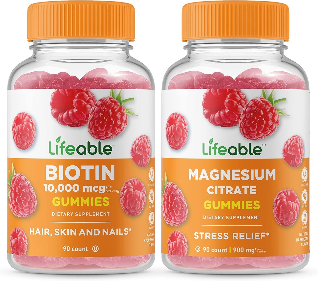 Lifeable Biotin + 마그네슘, Gummies 번들 - 훌륭한 타스팅, 비타민 보충, 글루텐 무료, GMO 무료, Chewable