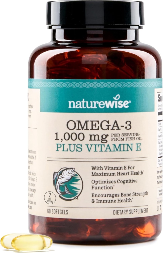 NatureWise Extra- Strength Omega 3 Fish Oil Supplement - 1000mg per Serving - 600 EPA & 400 DHA és E-vitamin - Support for Heart & Brain Health - Lemon Flavor, GMo- Free - 60 Softgels [1- hónap ellátás]