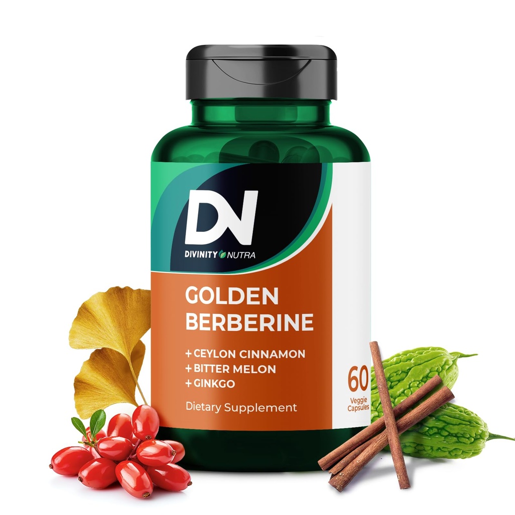 Divinity Nutra 4-in-1 Golden Berberine Supplement with Ceylon Cinnamon Bitter Melon Ginkgo,60 Capsules Made in USA