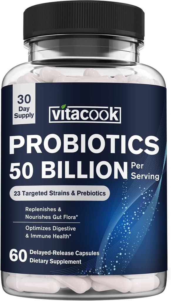 Probiotics 50 Billion, 23 Strains with Organic Prebiotics, Digestive &apos; Immune Support, Freeze-Dried, Delayed-Release, Better Than a Dozen Yogurts, 60 Vegan Caps