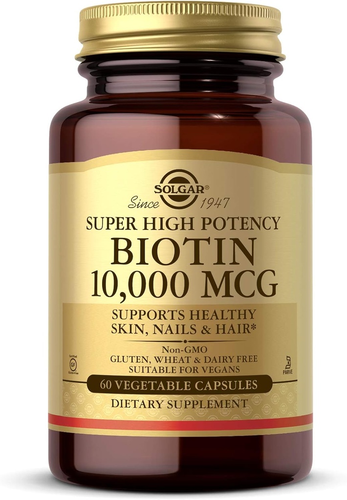 Solgar Biotin 10 000 mcg, 60 capsules végétales - Énergie, métabolisme, favorise la santé de la peau, ongles et cheveux - Super haute puissance - Non-OGM, végétalien, sans gluten, sans lait, sans casher - 60 portions