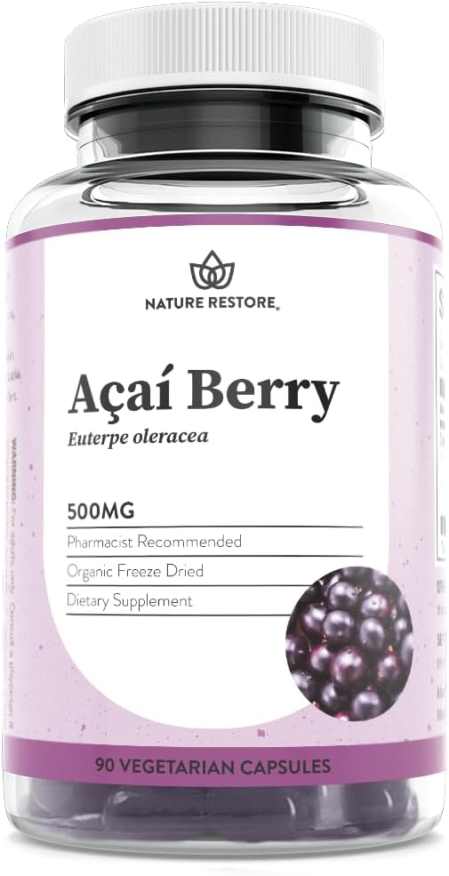 Nature Restore Organic Acai Berry Supplement, Fryse Tørret, 90 Acai Berry Kapsler, Ikke GMO, Gluten Free, Vegan