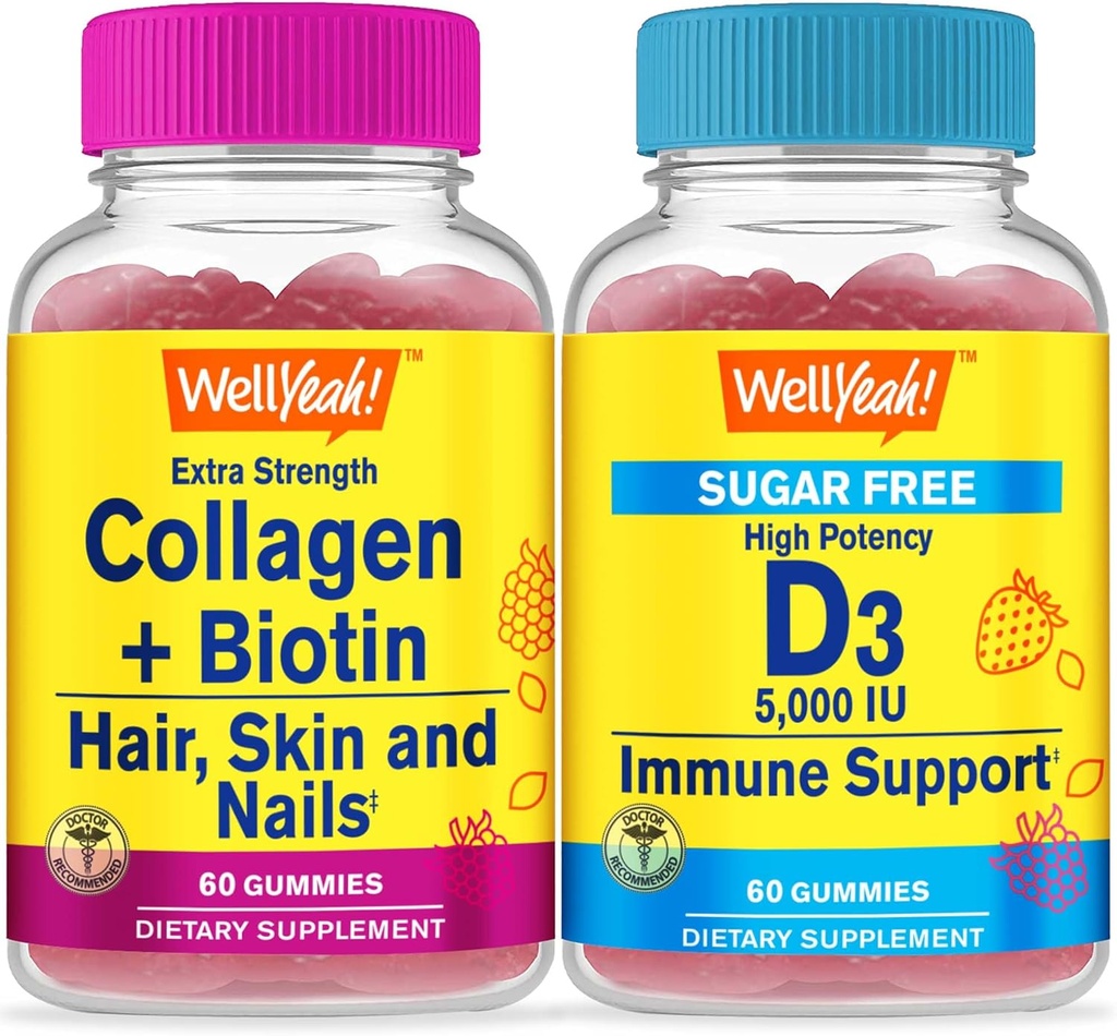 WellYeah Collagen + Biotin + Vitamin D3 5 000 IE Sugar Free, Gummies Bundle - Great Tasting, Vitamin Supplement, Gluten Free, GMO Free, Chewable Gummy