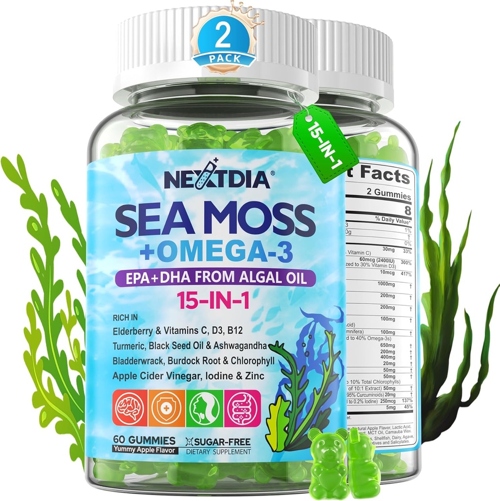 Sea Moss Gummies + Algae Omega-3 för vuxen, 15-IN-1 Organic Irish Sea Moss Superfood med / Vitamins C D3 B12, gurkmeja, Bladderwrack, stöder energi, hjärna, immun, daglig vitalitet, sockerfri, 120 Cts