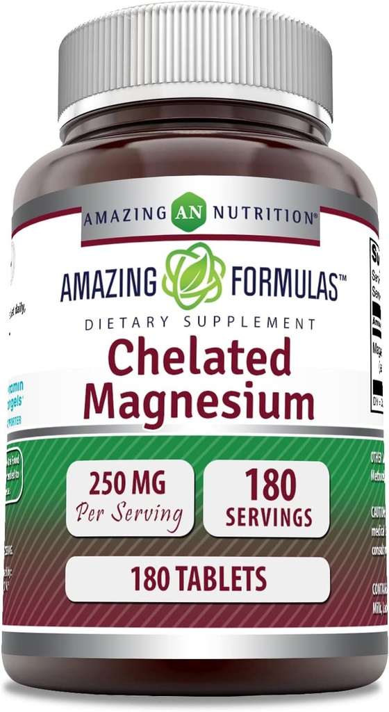 Amazing Formulas Chelated Magnesium Supplement | 250 Mg | 180 정제 | Non-GMO | 글루텐 프리 | 미국