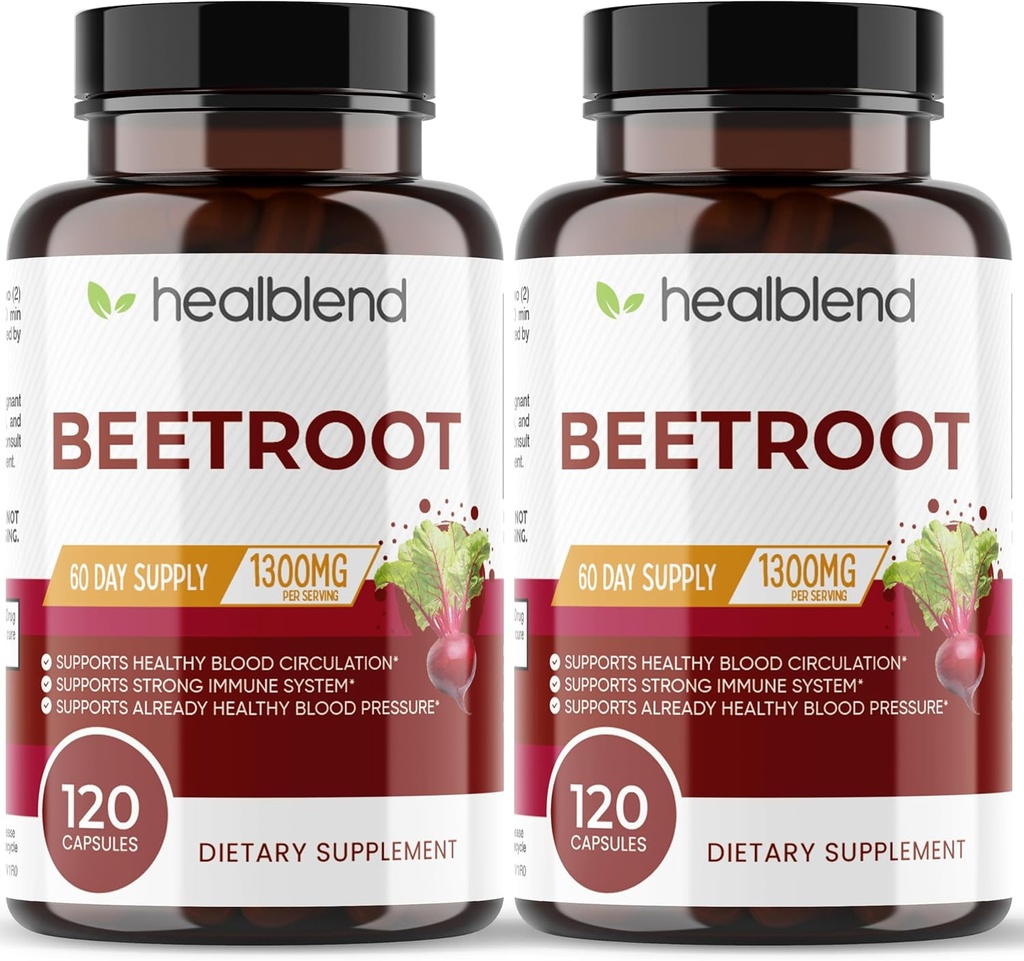 healblend Organic Nitric Oxid Beet Root Capsules 1300mg - Støtte immunsystem, Nitric Oxid Booster - 120 Count (2 Pack)