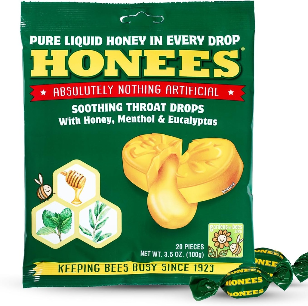 Honees Honey Menthol Cough Drops - 20-Piece, Single Pack Honey-Filled Lozenges | Relisión temporal de Cough | Soothes Sore Throat | All Natural