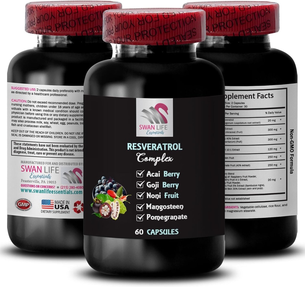 블루 베리 밸런스 - RESVERATROL COMLEX - 베리 혜택, 자연 부스트, 산화 방지제 속성, 매일 에너지, 노니 혼합, 석류 강도, 활성 라이프 스타일, flavorful Boost 1 병 60 캡슐