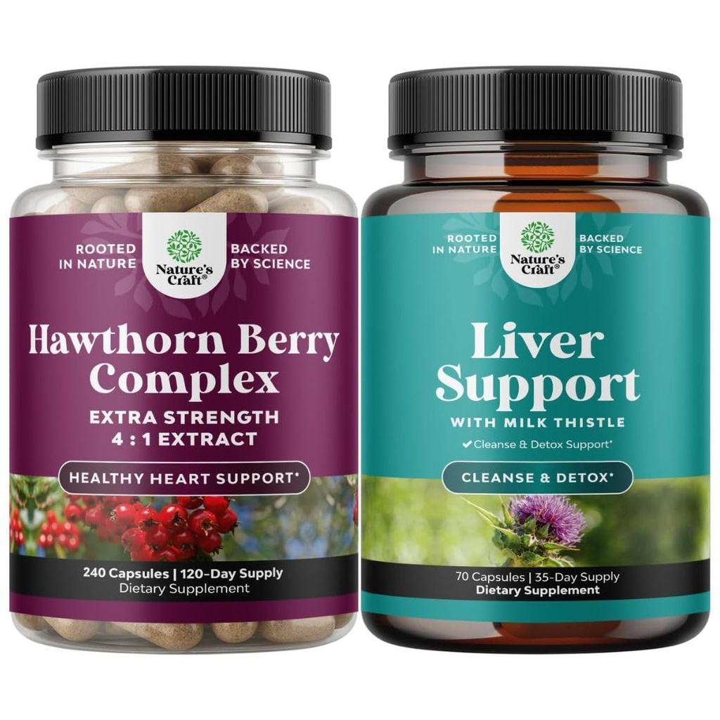 Bundle of High Strength Hawthorn Berry Capsules with Leaf & Flower Extract 4:1 for Healthy Heart & Digestion and Liver Cleanse Detox & Repair - Milk Thistle Supplement for Digestion & Immune Health