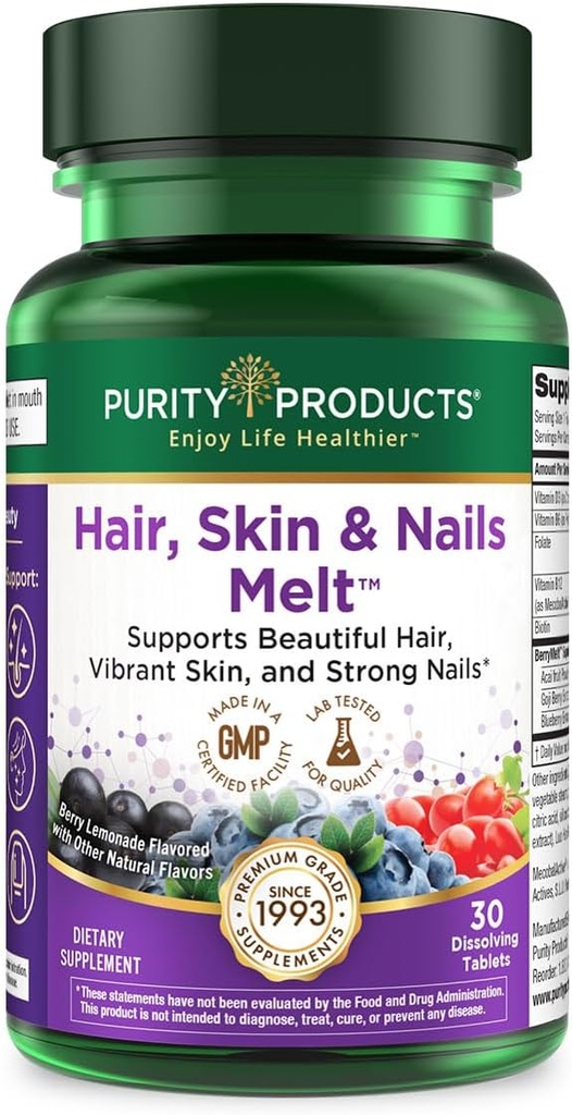 Purity Products Hair, Skin + Nails Melt 1000mcg B-12 + 2500mcg Biotin Energy Berry Melt - Delicious Berry Lemonade Flavor w/Super Fruits - B12 Methylcobalamin - 30 Melting Tablets