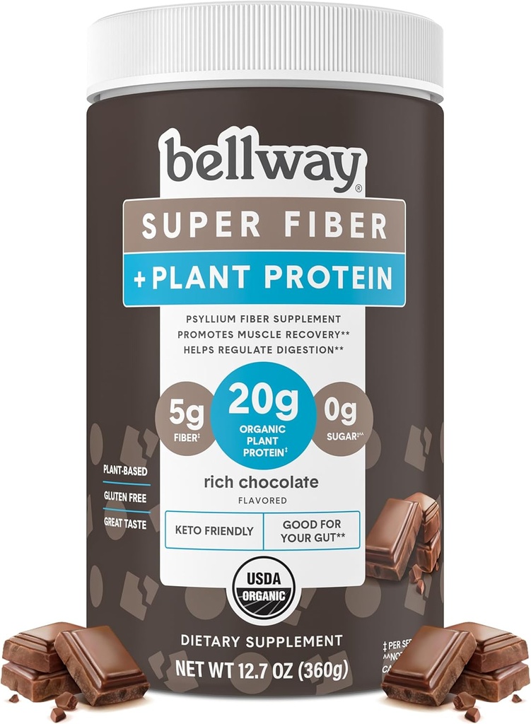 Bellway Super Fiber + Protein Powder, Sugar-Free Organic Psyllium Husk Fiber supplement Powder with 20g Plant Protein Per Serving, Rich Chocolate, 12.7 oz