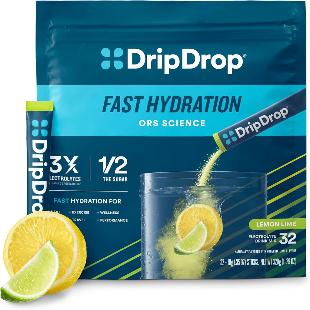 DripDrop Hydration Packets - sitruunan limetti - Yksittäisannos Elektrolyyttejä Powder Drink Mix - Ei-GMO, Gluteeniton, Vegan - 32 Sticks