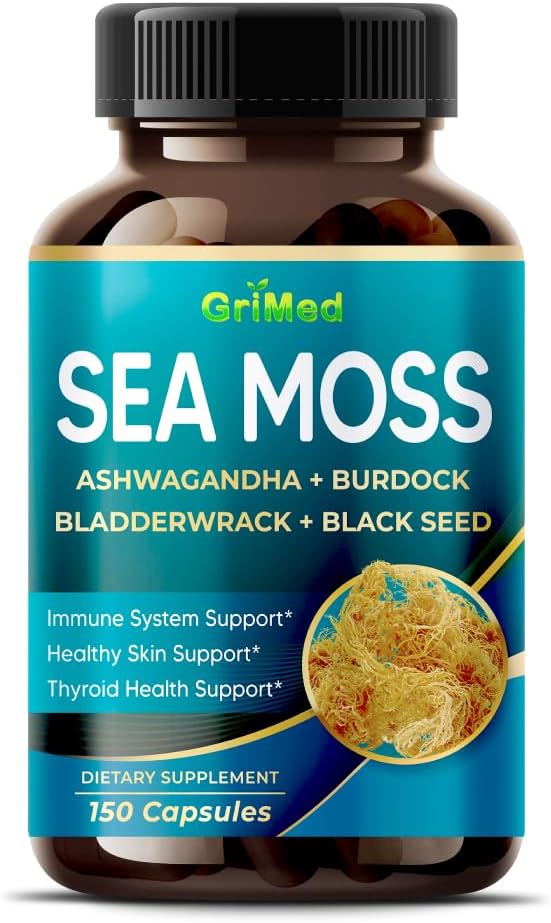 Premium Sea Moss Ashwagandha, Burdock Black Seed for Immunet System, Iho, Digestion & Energy- Valmistettu Yhdysvalloissa (150 laatikko 1)