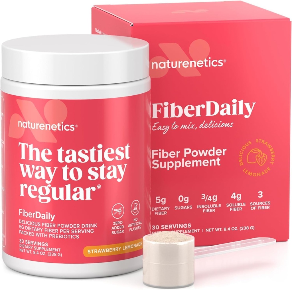 FiberDaily Delicious Fiber Powder - Organic Psyllium Husk, Agave Inulin ' Sunfiber Guar Gum Strawberry Lemonade Drink, Sugar-Free, Soluble Fiber, Prebiotic Fiber supplement, Vegan, 30 Servings