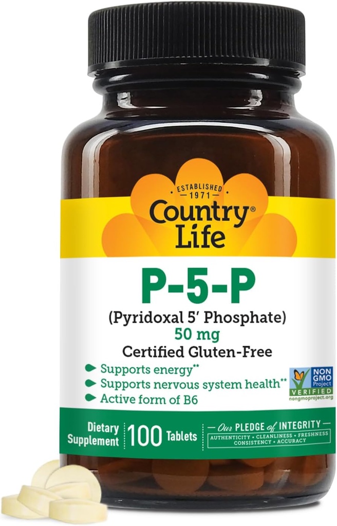 Country Life P- 5- P Witamina B6 - Biodostępny suplement Pyridoxal- 5- Fosforan dla energii, Wsparcie układu nerwowego i wzrost czerwonych krwinek - Certyfikowany Gluten Free, Wegan, Non-GMO - 100 Kapsułki