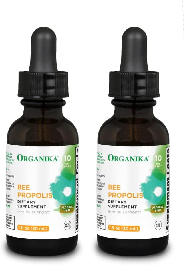 Organika Bee Propolis Tincure 1 oz x 2 pack: 清洁和 Vegan Propolis 提取用于免疫防御、喉咙和呼吸 -- -- 不含Gluten、GMO、和人工火焰 -- -- 20天Propropis供应