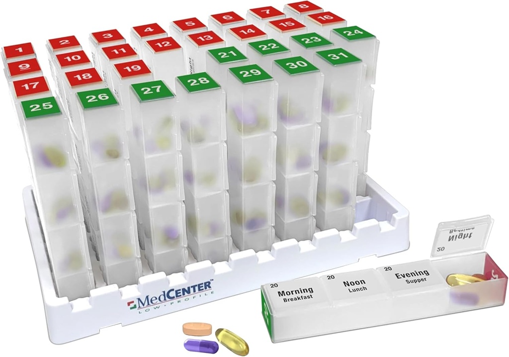 Medcenter Mensuel Pill Box Organizer, 4 fois par jour, extra grand 31 cas de pilules quotidiennes avec des compartiments pour les vitamines, suppléments, médicaments, 31 jours Pill Organizer