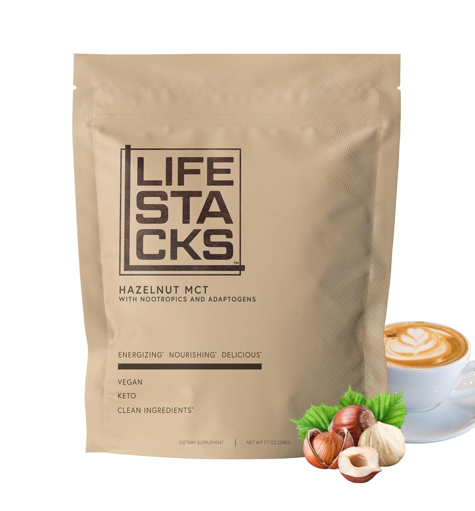 Hazelnut MCT Oil Powder to Boost Energy & Focus - Nootropics + Adaptogens for an Elevated Coffee Experience - Keto, Vegan, 0 Sugar - Stacked for Success with Ginseng, Rhodiola, L-Tyrosine
