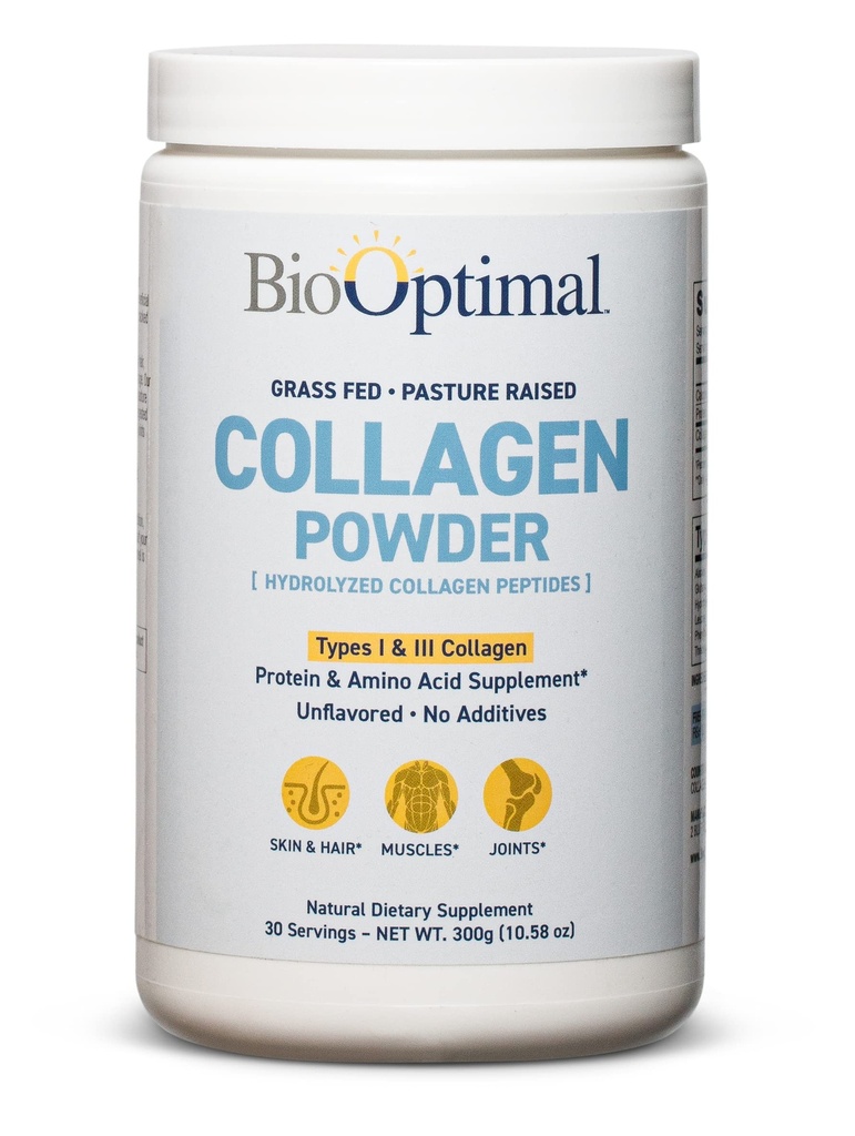BioOptimal Collagen Peptides Powder - Grass-Fed, Pasture-Raised Hydrolyzed Protein Supplement for Skin, Hair, & Nails - Non-GMO, Zero Sugar Daily Supplement for Men & Women (30 Servings)