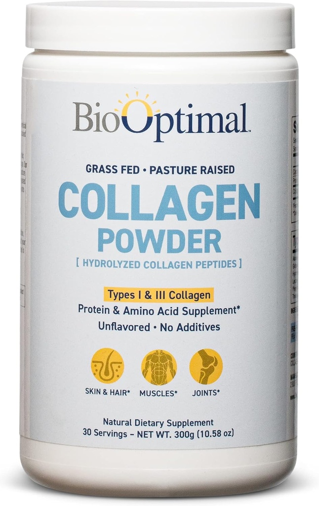 BioOptimal Collagen Peptides Powder - Grass-Fed, Pasture-Raised Hydrolyzed Protein Supplement for Skin, Hair, & Nails - Non-GMO, Zero Sugar Daily Supplement for Men & Women (30 Servings)