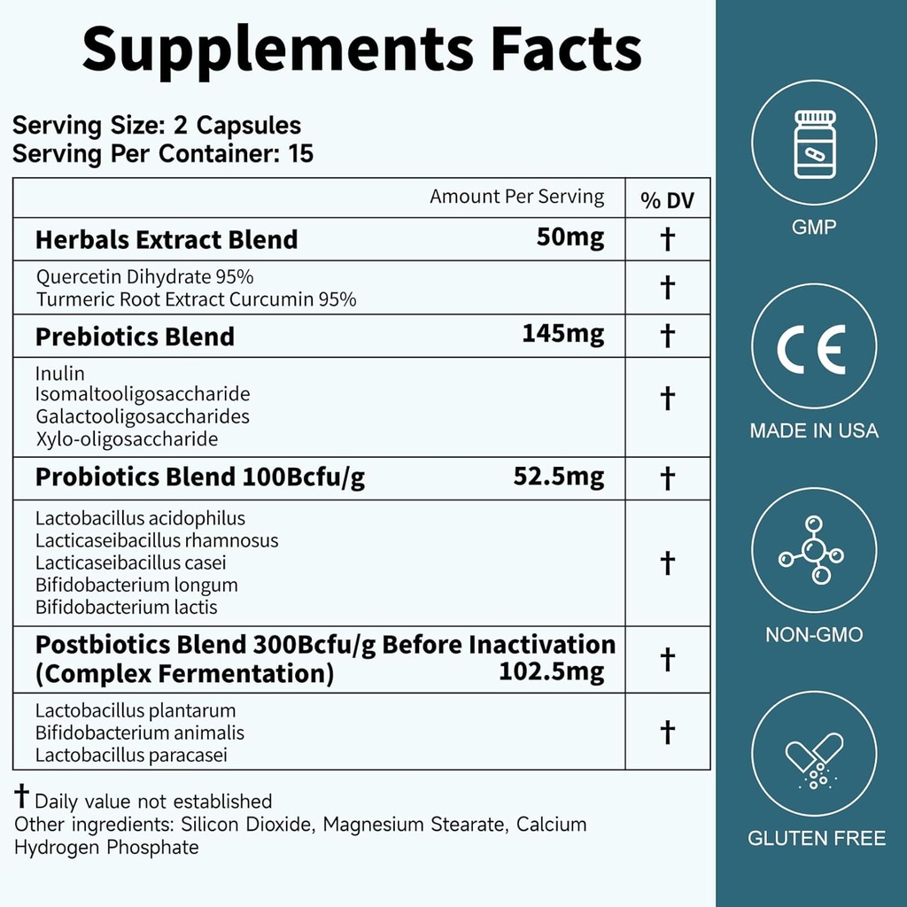 Probiotika Kvinnor Män Gut Health: Digestive Health Immune Support Bloating Relief Shelf Stable Strains 35B CFUs per Capsule Complex med Prebiotics Postbiotics Quercetin & Curcumin Dietary Supplement