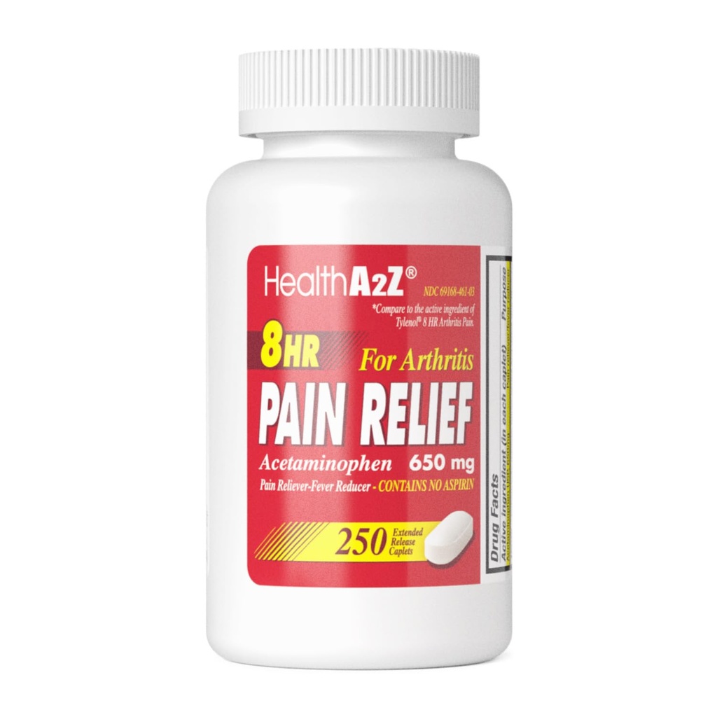 HealthA2Z® Pain Relief Extended Release, Acetaminophen 650mg, 8 Hour Pain Reliever, Fever Reducer, Arthritis Pain, Aspirin Free, Dye Free, 250 Caplets