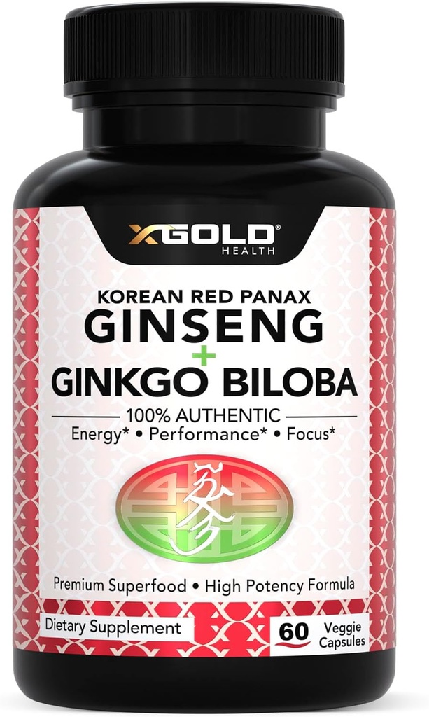 Red Panax Ginseng 1200 mg + Ginkgo Biloba - Extra Power Root Extract Powlement w / High Ginsenosides Vegan Capsules for Energy, Performance & Focus