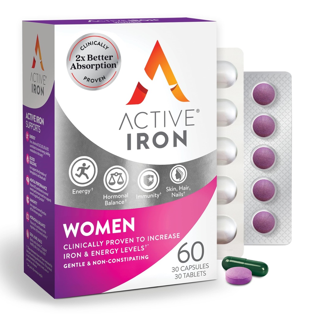 Active Iron Supplement 25mg + Multivitamin for Women, Clinically Proven to Increase Iron & Energy Levels, Maximum Absorption, Gentle, Non-Constipating, 30 Capsules + 30 Tablets in On-the-Go Foil Packs
