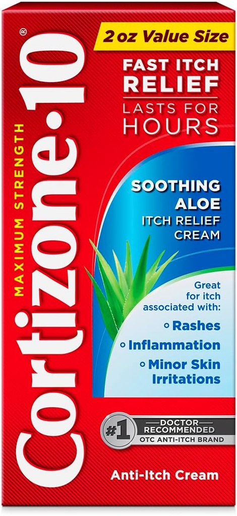 Cortizone-10 Strength Maximum Aloe Relief Cream, 1% Hydrocortisone, Fast-Acting, Crème Anti-Itch pour Bug Bites, Rash, Eczema, Psoriasis, Poison Ivy, Chêne, Sumac et plus, 2 oz