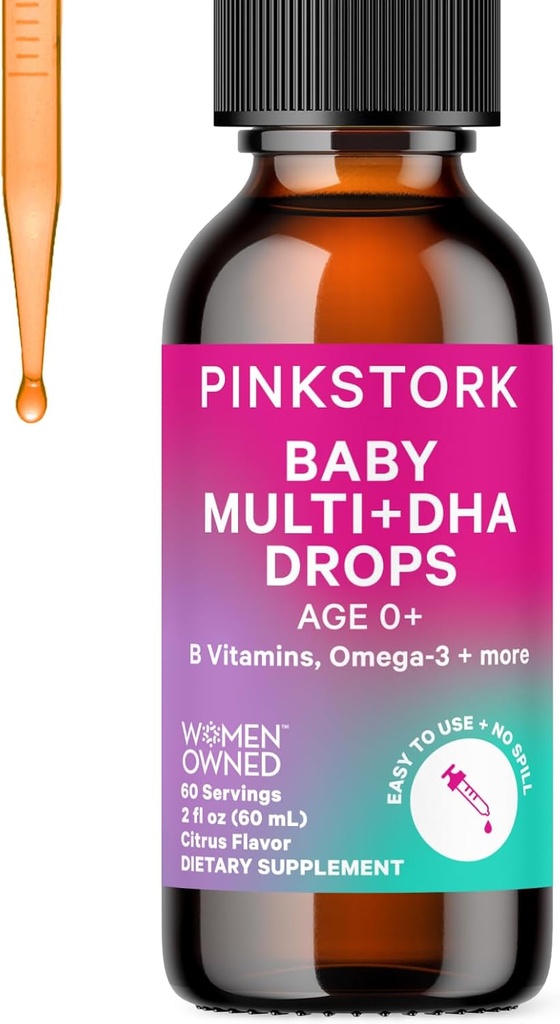 Rosa Stork Baby Liquid Multivitamin Drops, Baby & Toddler Vitamin Drops med DHA, Vitamin C, D, B12 och Choline för att stödja hjärnhälsa och immunfunktion - 2 fl oz, 2 månaders leverans