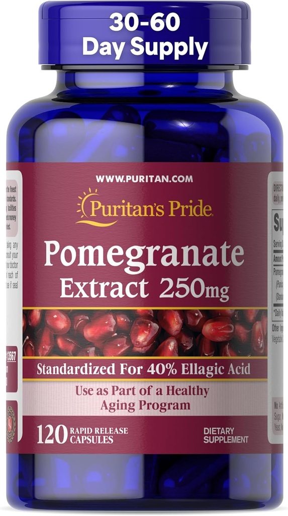 Puritan's Pride Premium Pomegranate Extract 250mg, Suplemento dietético para Antioxidante Saúde e Programa de Envelhecimento Saudável, 40% Ácido Elágico, 120 Cápsulas de Libertação Rápida (Packaging May Vary)