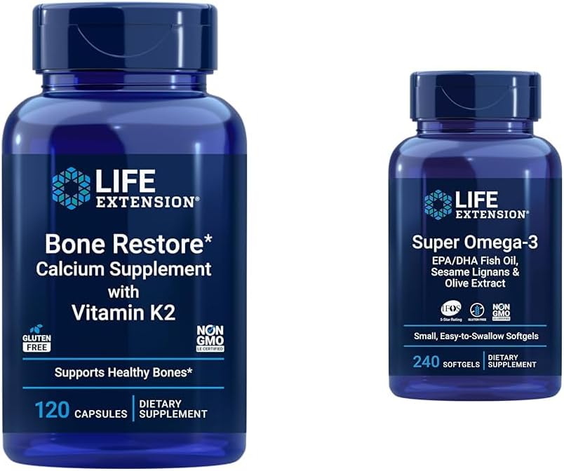Life Extensie Bone Restore + Vitamina K2 Vitamine & Minerale Mentine sanatatea osoasa si rezistenta & Super Omega-3 Ulei de peste EPA/DHA, Sesame Lignans & extract de masline