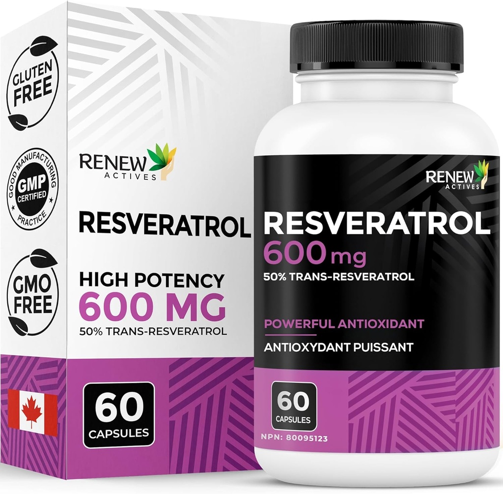 Renew Actives Resveratrol täydentää 600mg per Serving - High-Potency Antioxidant Complex 50% Trans-Resveratrol ... Tuet Cellular Health & Longevity - Made in Canada 60 Vegan Kapselit
