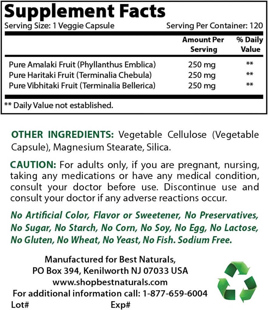 Best Naturals Triphala 750 mg & Probiotic 10 Strains & 30 Billion CFU