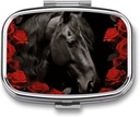 Black Horse на фоне Red Roses Pill Box 2 Compartment Portable Pill Case Daily Square Pill Organizer for Pocket Purse Daily Medicine Container to Hold Vitamins