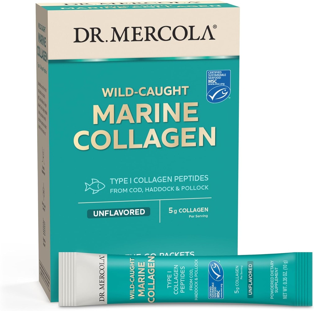 Mercola Marine Collagen Powder Packets, 5g Collagen Per 서빙, 15 서빙 (15 온-고 Packets), 분말 식이 보충, Unflavored, 유형 1 Cod, Haddock & Pollock에서 교원질 펩티드