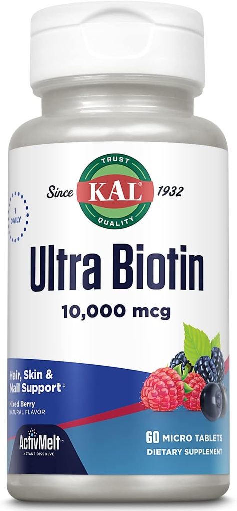 KAL Ultra Biotin 10000mcg ActivMelt, συμπλήρωμα ανάπτυξης μαλλιών, υψηλής ισχύος βιταμίνη B7 για υγιή μαλλιά, δέρμα, νύχια και την ενεργειακή υποστήριξη, χορτοφαγικά, φυσικά μικτή γεύση μούρου, 60 Serv, 60 μικροδισκία