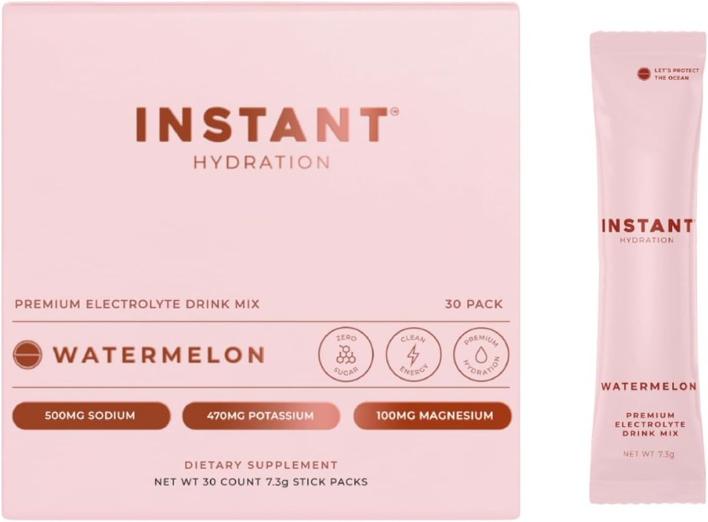 Instant Hydration Electrolytes Powder Packets - Watermelon Electrolyte Drink Mix - Zero Sugar - Keto, Vegan, Gluten-Free, Non-GMO - Boost Recovery, Brain Health, Muscle ' Tissue Support- 30 Sticks