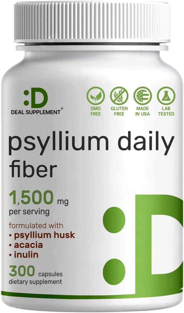Syylium Husk Huss 1500mg Per Serving, 300 Capsules - 3 ใน 1 Fiber Supplement with Iulin & Acacia Complex – Sluble Fimber, รองรับสุขภาพDigestivive – Enten, Not-GMOMO