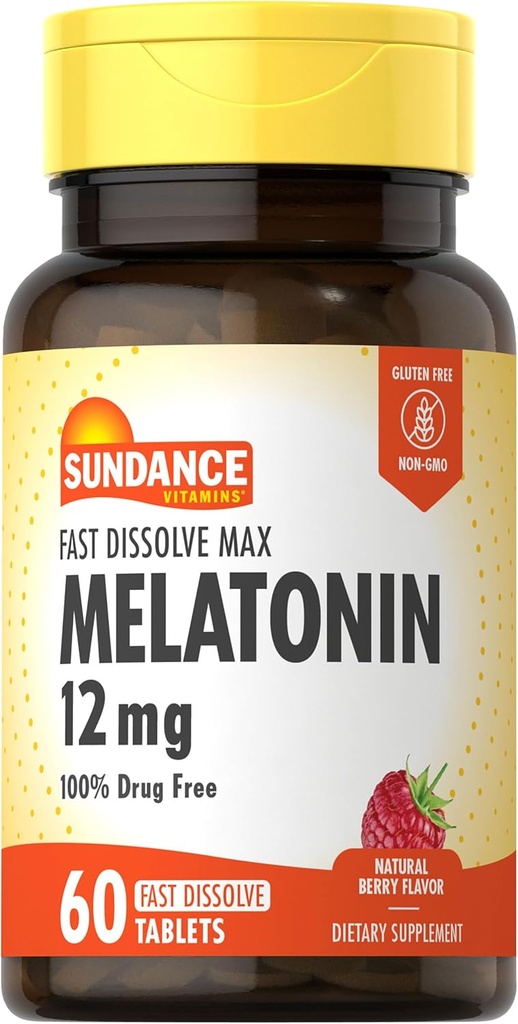 Sundance Melatonin 12mg | 60 Snabbupplösta tabletter | Naturbär smak | Vegetarisk, icke-GMO och Glutenfri tillägg