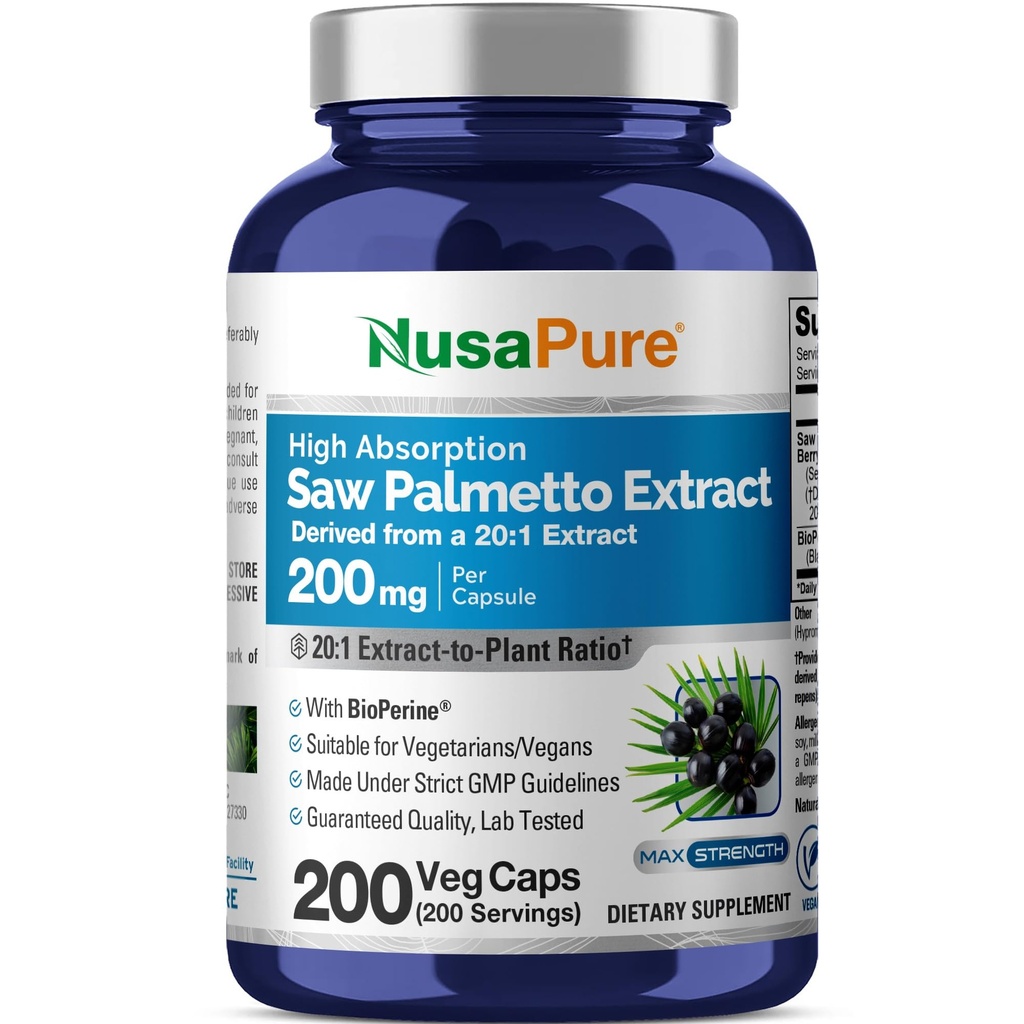 NusaPure Saw Palmetto,200 Veg Capsules (Non-GMO, Vegan)