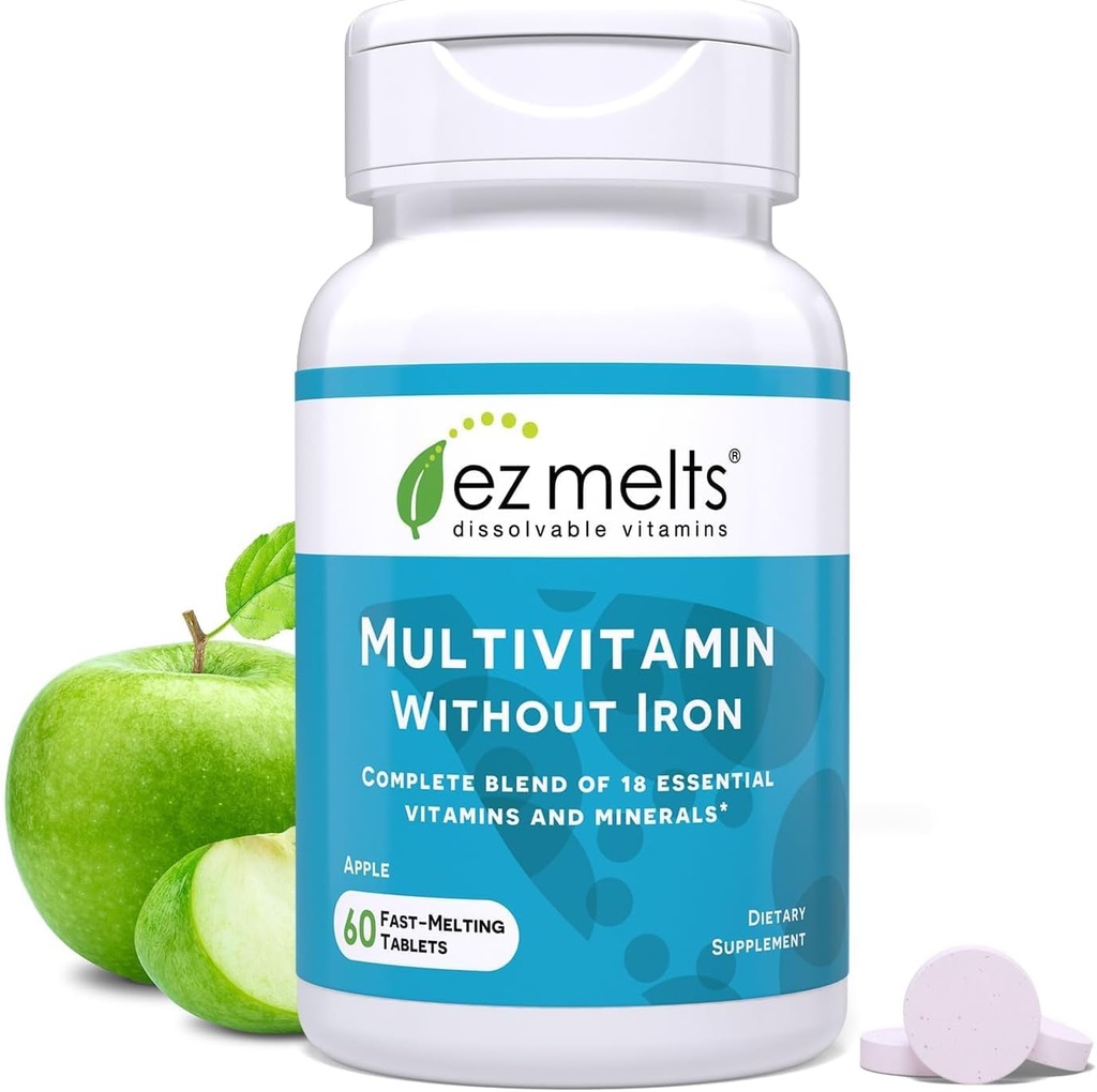 EZ Melts Multivitamine dissolvabile fără fier, 18 Vitamine & Minerale, inclusiv vitamina A, Biotina, vitamina B12, vitamina C, vitamina D3, zinc și mai mult, Sugar-Free, 1-Lonth Supply Supply - 1 ambalaj