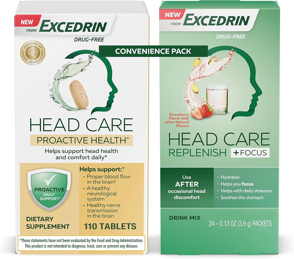 Excedrin Head Care Proactive Health Ditary Supplement - 110 Count and Care Replenish Plus Focus Drink Drink from 24 Packet Convenience Pack