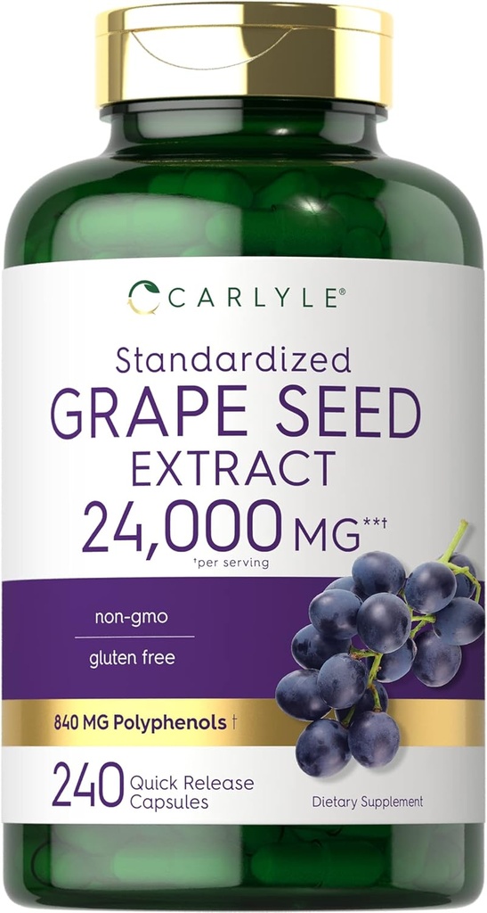 Carlyle Grape Seed Extract 24,000 mg Equivalente 240 cápsulas  sometida Maximum Strength Standardized Extract ← Non-GMO, Gluten Free