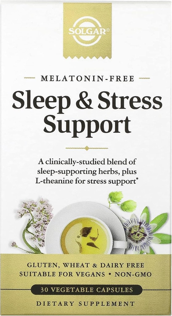 Solgar Sleep & Stress Support, Cápsulas Vegetais, Melatonina Livre, Ajuda a Relaxar, Acalmá-lo, Adormecer Rapidamente, Melhorar a Qualidade do Sono com Valeriana, Passionflower, Hops, Non-GMO, 15 Servings, 30 Count