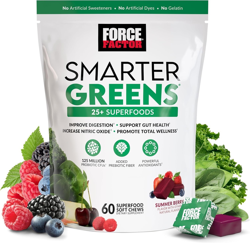 FORCE FACTOR Verdes Mais inteligentes Superfood Mastiga, Verdes e Superfoods com Probióticos, Antioxidantes e Fibra, Suplemento Verdes para Suportar Digestão, Óxido nítrico e Energia, 60 Mastigações Macio