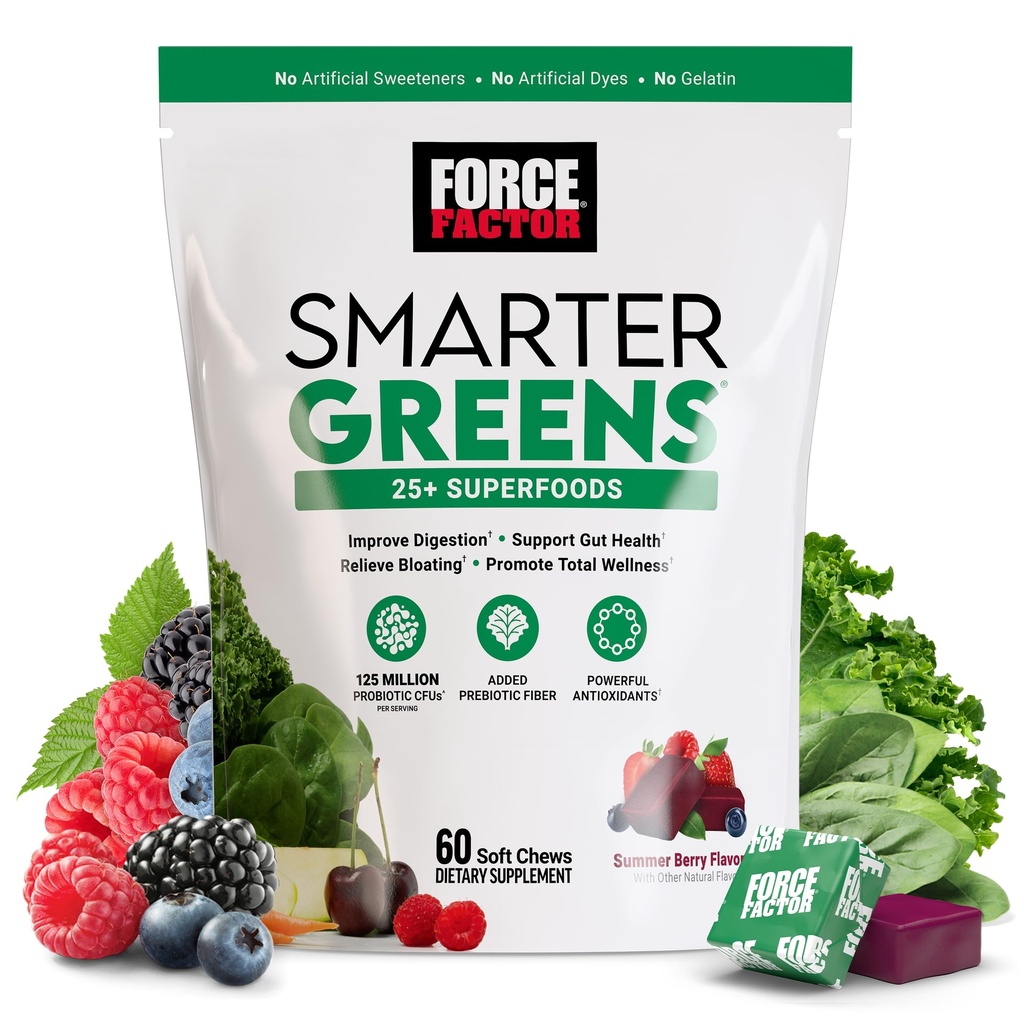 Force Factor Smarter Greens Superfood Chews, Greens and Superfoods to Support Gut Health, Bloating, and Digestion, with Probiotics, Antioxidants, and Fiber, Summer Berry, 60 Soft Chews