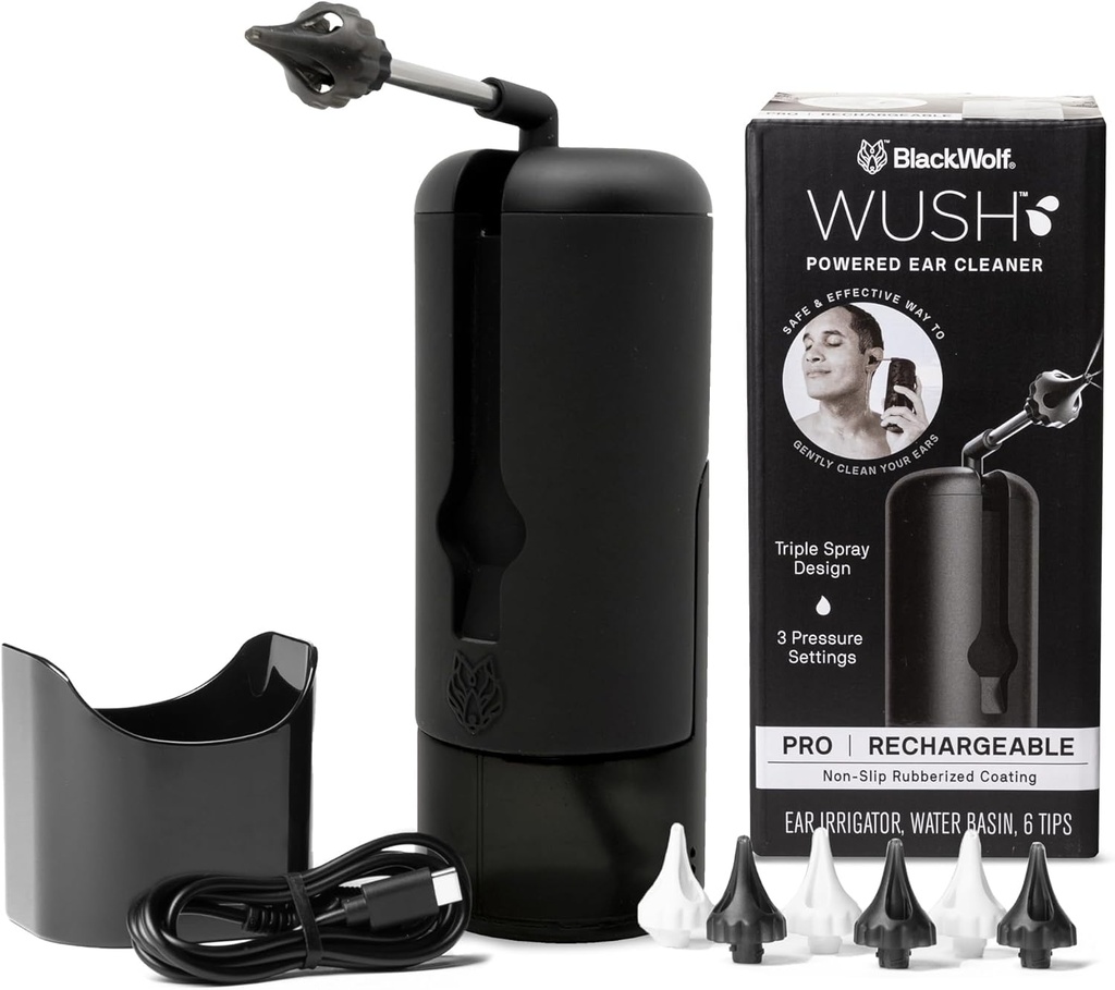 Wush Pro af sort Wolf- Deluxe vand drevet Ear Cleaner-Safe & Effektive- Electric Triple Jet Stream 3 Trykindstillinger for Ear Wax Byg - Ear Wax Fjernelse Kit- Vand resistent USB Genopladelig